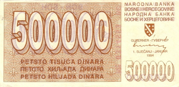 BOSNIA & HERZEGOVINA 500000 Dinara 1994 Pick 32 collectible banknote