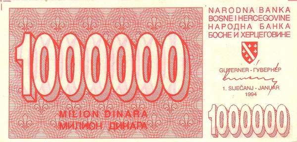 BOSNIA & HERZEGOVINA 1000000 Dinara 1994 Pick 33 collectible banknote
