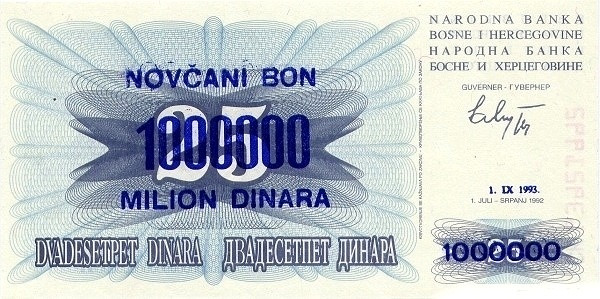 BOSNIA & HERZEGOVINA 1000000 Dinara 1993 Pick 35 collectible banknote