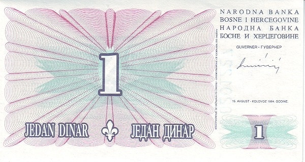 BOSNIA & HERZEGOVINA 1 Dinar 1994 Pick 39 collectible banknote