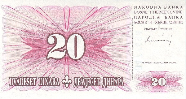 BOSNIA & HERZEGOVINA 20 Dinara 1994 Pick 42 collectible banknote