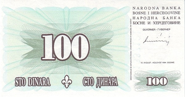 BOSNIA & HERZEGOVINA 100 Dinara 1994 Pick 44 collectible banknote