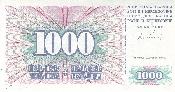 BOSNIA & HERZEGOVINA 1000 Dinara 1994 Pick 46 collectible banknote