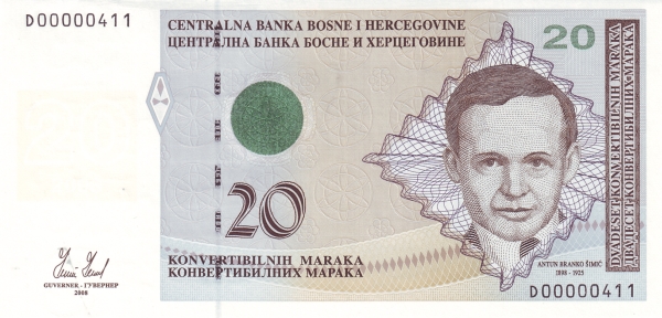 BOSNIA & HERZEGOVINA 20 Konvertibilnih 2008 Pick 74 collectible banknote