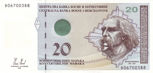 BOSNIA & HERZEGOVINA 20 Konvertibilnih 2008 Pick 75 collectible banknote