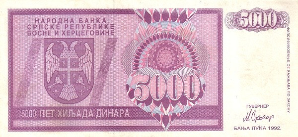BOSNIA & HERZEGOVINA – SERBIAN REPUBLIC 5000 Dinara 1992 Pick 138 collectible banknote