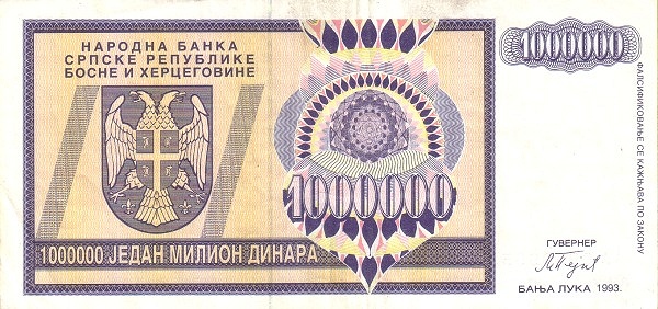 BOSNIA & HERZEGOVINA – SERBIAN REPUBLIC 1000000 Dinara 1993 Pick 142 collectible banknote
