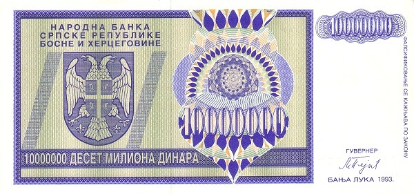 BOSNIA & HERZEGOVINA – SERBIAN REPUBLIC 10000000 Dinara 1993 Pick 144 collectible banknote