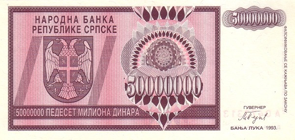 BOSNIA & HERZEGOVINA – SERBIAN REPUBLIC 50000000 Dinara 1993 Pick 145 collectible banknote