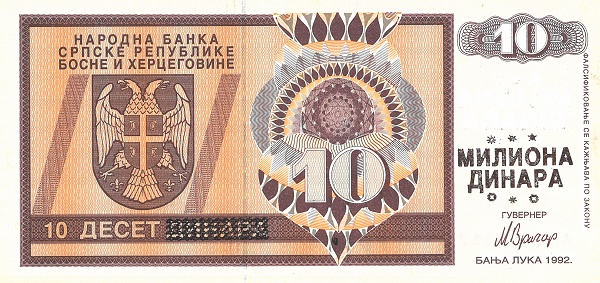 BOSNIA & HERZEGOVINA – SERBIAN REPUBLIC 10000000 Dinara 1993 Pick 149 collectible banknote