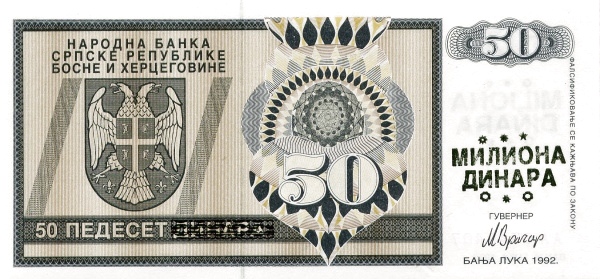 BOSNIA & HERZEGOVINA – SERBIAN REPUBLIC 50000000 Dinara 1993 Pick 150 collectible banknote