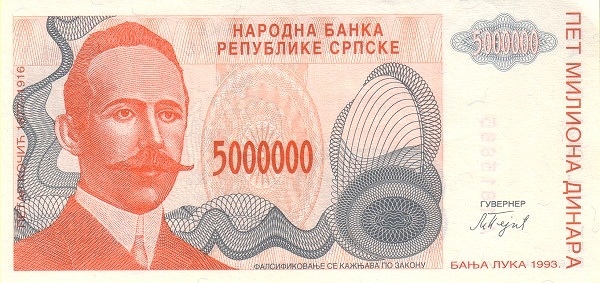BOSNIA & HERZEGOVINA – SERBIAN REPUBLIC 5000000 Dinara 1993 Pick 156 collectible banknote