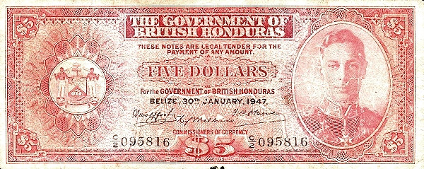 BRITISH HONDURAS 5 Dollars 1952 Pick 26