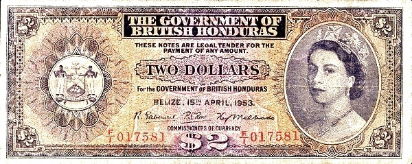 BRITISH HONDURAS 2 Dollars 1953 Pick 29 collectible banknote