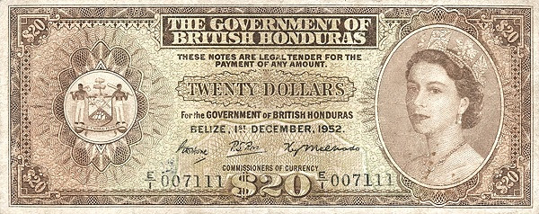 BRITISH HONDURAS 20 Dollars 1952 Pick 32 collectible banknote