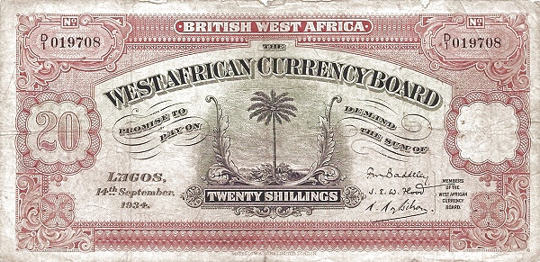 BRITISH WEST AFRICA 20 Shillings 1951 Pick 8 collectible banknote