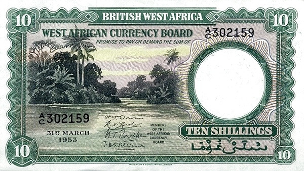 BRITISH WEST AFRICA 10 Shillings 1953 Pick 9 collectible banknote