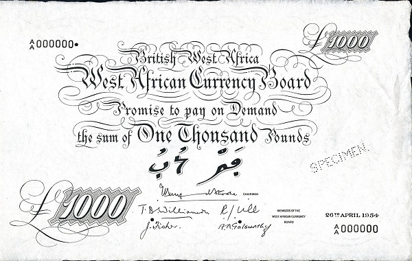 BRITISH WEST AFRICA 1000 Pounds 1954 Pick 11A