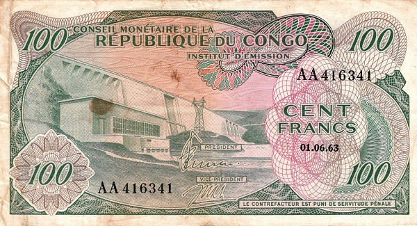 CONGO (REPUBLIC / CONGO-LÉOPOLDVILLE / CONGO-KINSHASA) 100 Francs 1963 Pick 1 collectible banknote