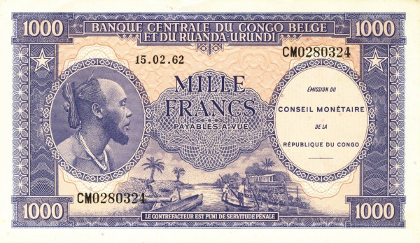 CONGO (REPUBLIC / CONGO-LÉOPOLDVILLE / CONGO-KINSHASA) 1000 Francs 1962 Pick 2 collectible banknote