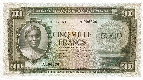 CONGO (REPUBLIC / CONGO-LÉOPOLDVILLE / CONGO-KINSHASA) 5000 Francs 1963 Pick 3 collectible banknote