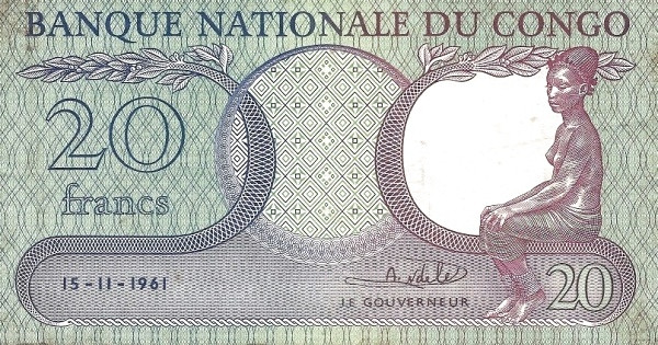 CONGO (REPUBLIC / CONGO-LÉOPOLDVILLE / CONGO-KINSHASA) 20 Francs 1961 Pick 4 collectible banknote