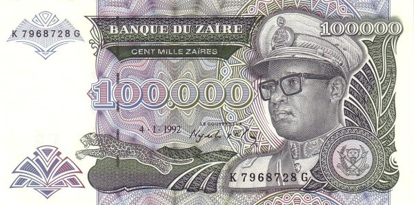 ZAÏRE 100000 Zaïres 1992 Pick 41 collectible banknote