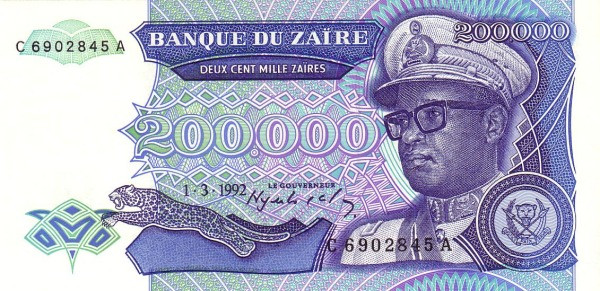 ZAÏRE 200000 Zaïres 1992 Pick 42 collectible banknote