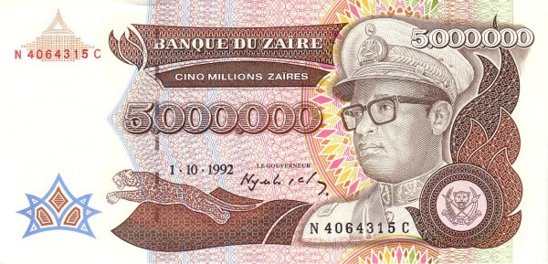 ZAÏRE 5000000 Zaïres 1992 Pick 46 collectible banknote