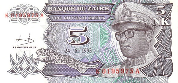 ZAÏRE 5 Nouveaux 1993 Pick 48 collectible banknote