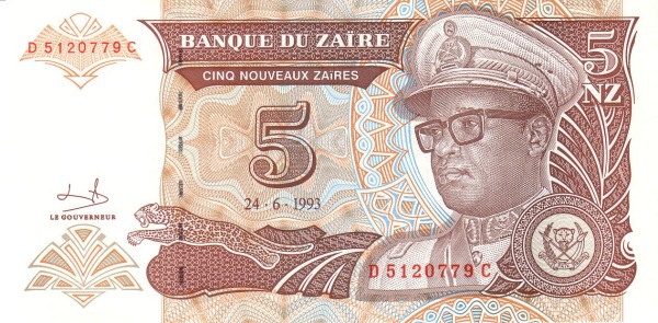 ZAÏRE 5 Nouveaux 1993 Pick 53 collectible banknote