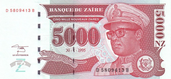 ZAÏRE 5000 Nouveaux 1995 Pick 68 collectible banknote