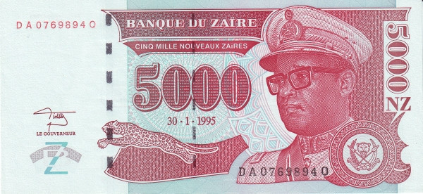 ZAÏRE 5000 Nouveaux 1995 Pick 69 collectible banknote
