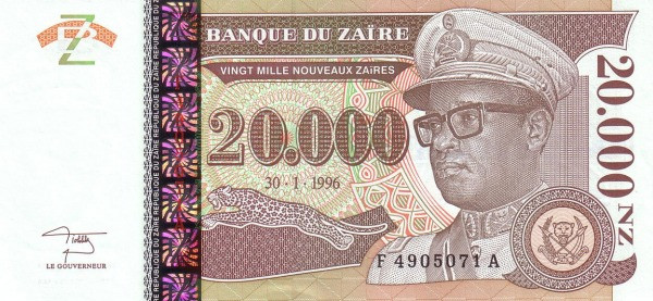 ZAÏRE 20000 Nouveaux 1996 Pick 72 collectible banknote