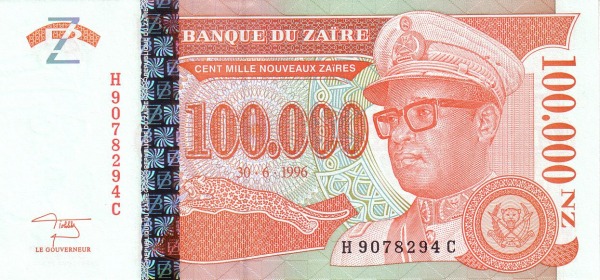 ZAÏRE 100000 Nouveaux 1996 Pick 76 collectible banknote