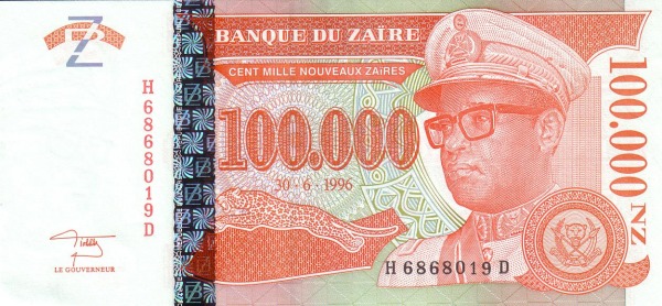 ZAÏRE 100000 Nouveaux 1996 Pick 77 collectible banknote