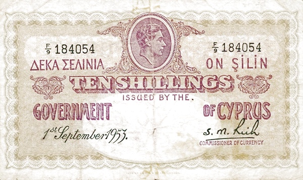 CYPRUS 10 Shillings 1953 Pick 31 collectible banknote