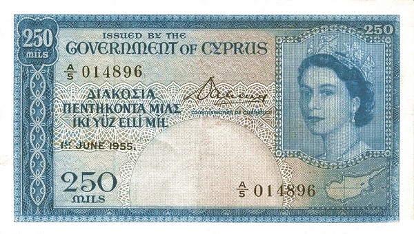 CYPRUS 250 Mils 1955 Pick 33 collectible banknote