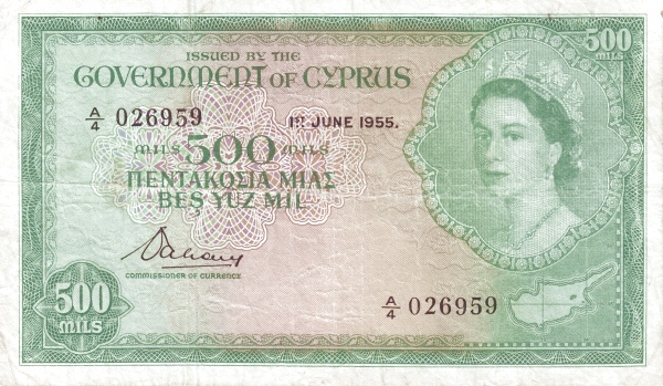 CYPRUS 500 Mils 1955 Pick 34 collectible banknote