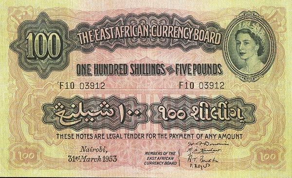 EAST AFRICA 100 Shillings 1953 Pick 36 collectible banknote