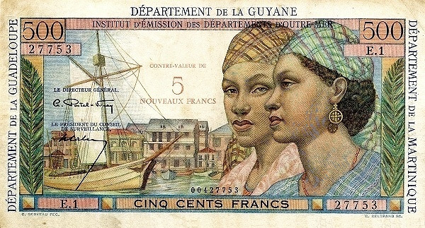 FRENCH ANTILLES 5 Nouveaux 1961 Pick 4 collectible banknote