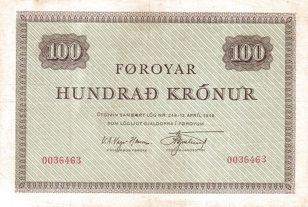 FAEROE ISLANDS 100 Krónur 1952 Pick 13
