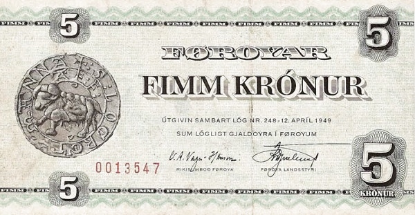 FAEROE ISLANDS 5 Krónur 1951 Pick 14