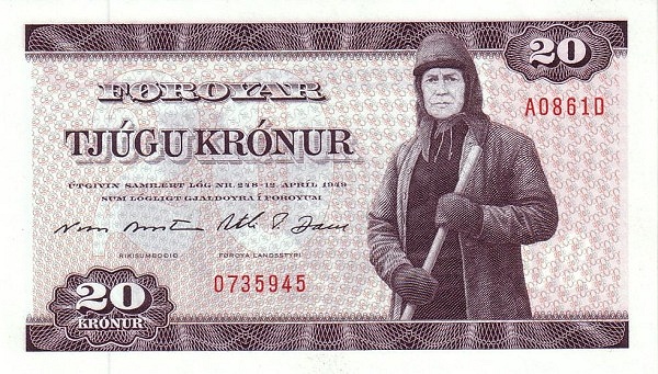 FAEROE ISLANDS 20 Krónur 1986 Pick 19 collectible banknote