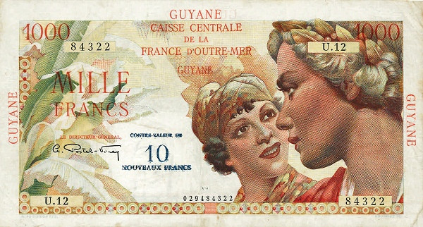 FRENCH GUIANA 10 Nouveaux 1961 Pick 32 collectible banknote