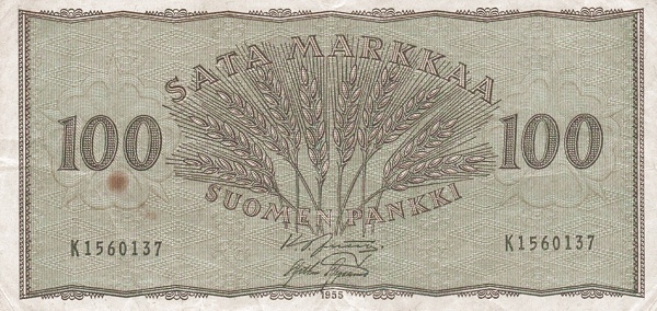 FINLAND 100 Markkaa 1955 Pick 91 collectible banknote