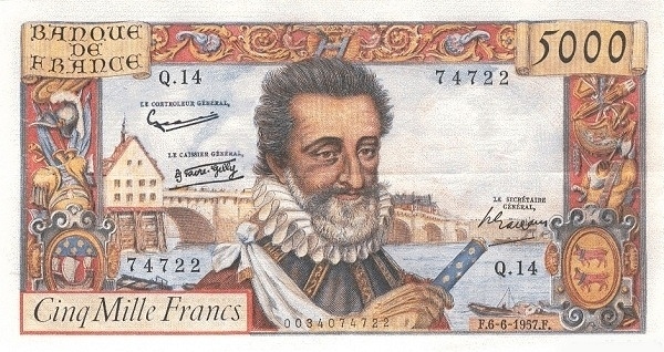 FRANCE 5000 Francs 1957 Pick 135 collectible banknote