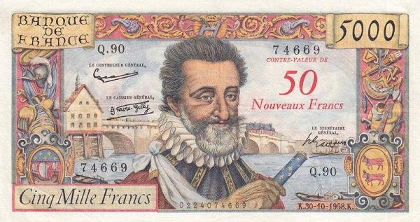 FRANCE 50 Nouveaux 1958 Pick 139 collectible banknote