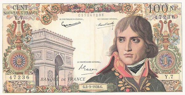 FRANCE 100 Nouveaux 1959 Pick 144 collectible banknote