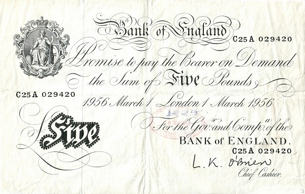 GREAT BRITAIN 5 Pounds 1955 Pick 345